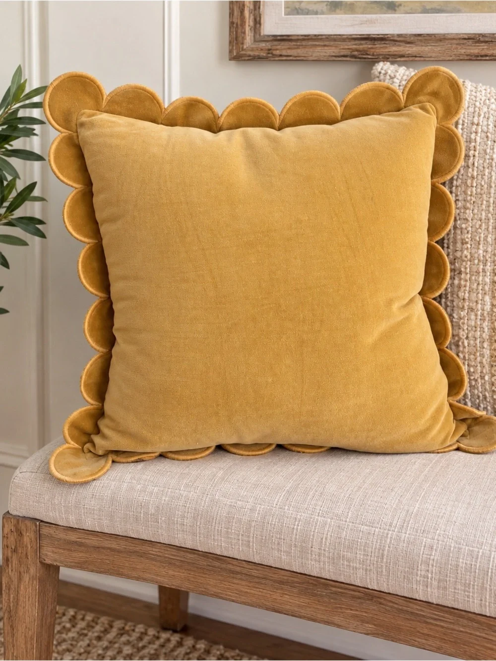 Creative Co-Op Mustard Cotton Velvet Scalloped Flange Throw Pillow 18”NWT